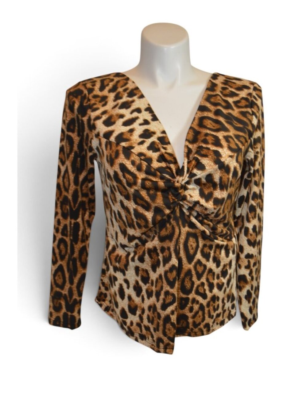 Womens XL Leopard Print Twist Front V Neck Long Sleeve Stretch Top Blouse